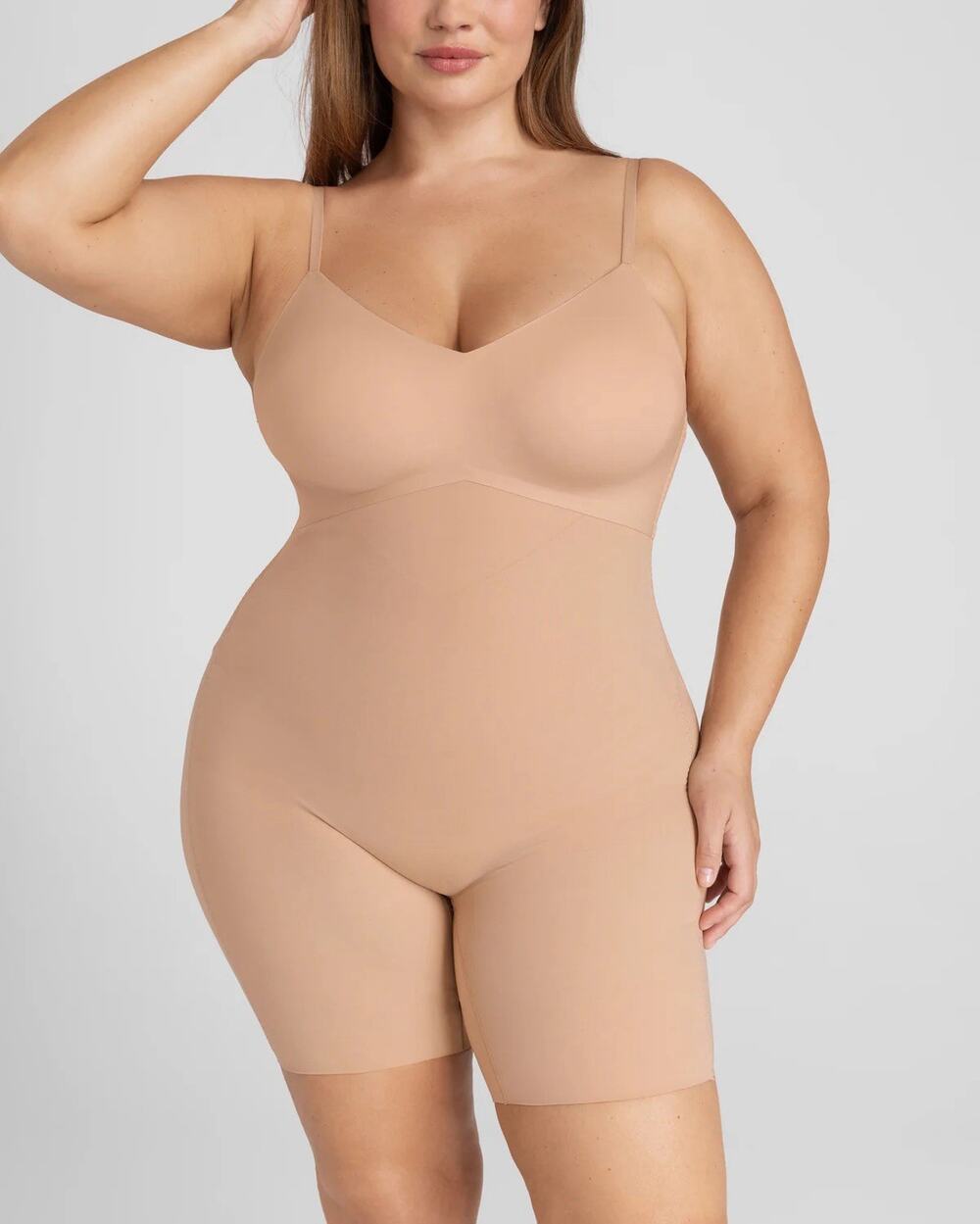 NWT Honeylove Low Back Bodysuit 3X Sand Mid-Thigh Length 7in Inseam Shapewear